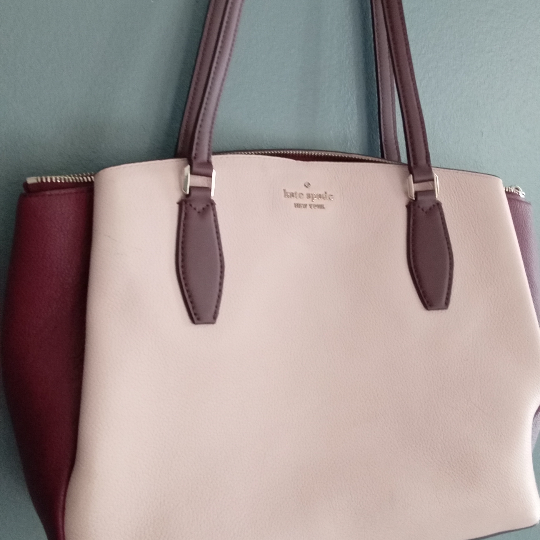 Kate Spade New York Colorblock Leather Tote Bag Burgundy Cream